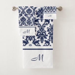 Navy-blue and white vintage damasks 3 monogram   bath towel set