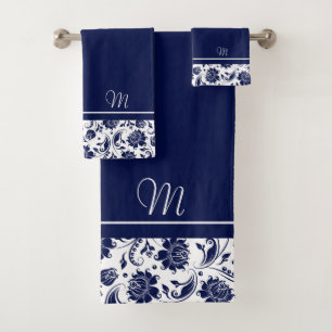 Navy-blue and white vintage damasks monogram bath  bath towel set