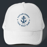Navy Blue And White Vintage Nautical Boat Anchor Trucker Hat<br><div class="desc">Elegant navy blue vintage nautical boat anchor with custom blue text on a white background.</div>