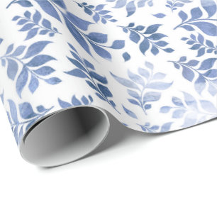 Navy Blue and White Watercolor leaf Wrapping Paper