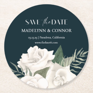 Navy Blue and White Wedding Save the Date Round Paper Coaster