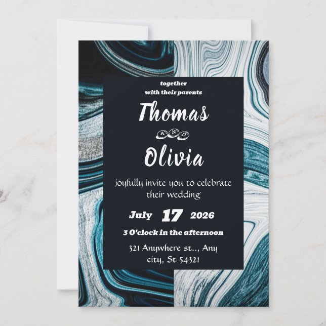 Navy blue and white wedding with marble waves invitation (Front)