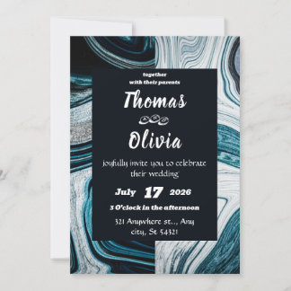 Navy blue and white wedding with marble waves invitation