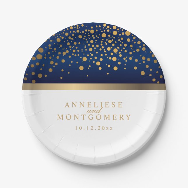 Navy Blue and White with Gold Confetti Dots Paper Plate (Front)