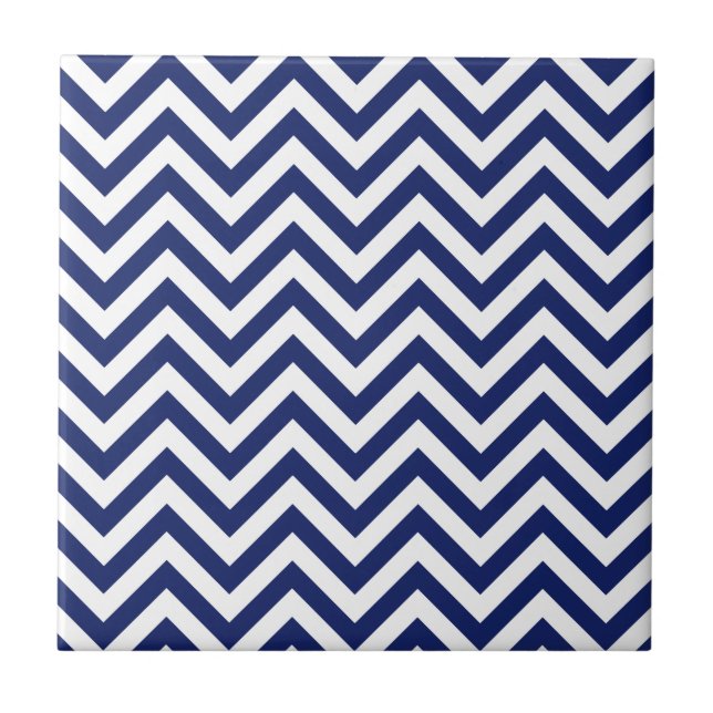 Navy Blue and White Zigzag Stripes Chevron Pattern Tile (Front)