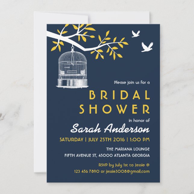 Navy Blue and Yellow Bird Cage on Tree Invitation (Front)