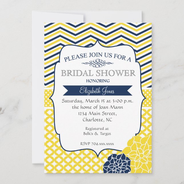 Navy Blue and Yellow  Bridal shower Invitation (Front)