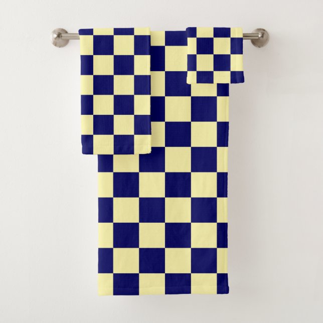 Navy Blue and Yellow Checkerboard Pattern Bath Towel Set (Insitu)