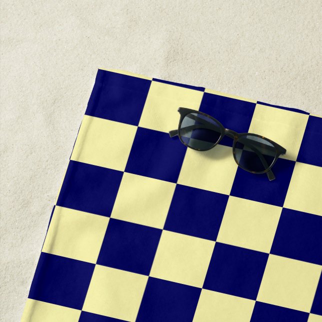 Navy Blue and Yellow Chequerboard Pattern Beach Towel (In Situ)