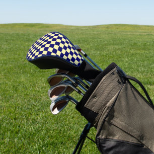 Navy Blue and Yellow Chequerboard Pattern Golf Head Cover