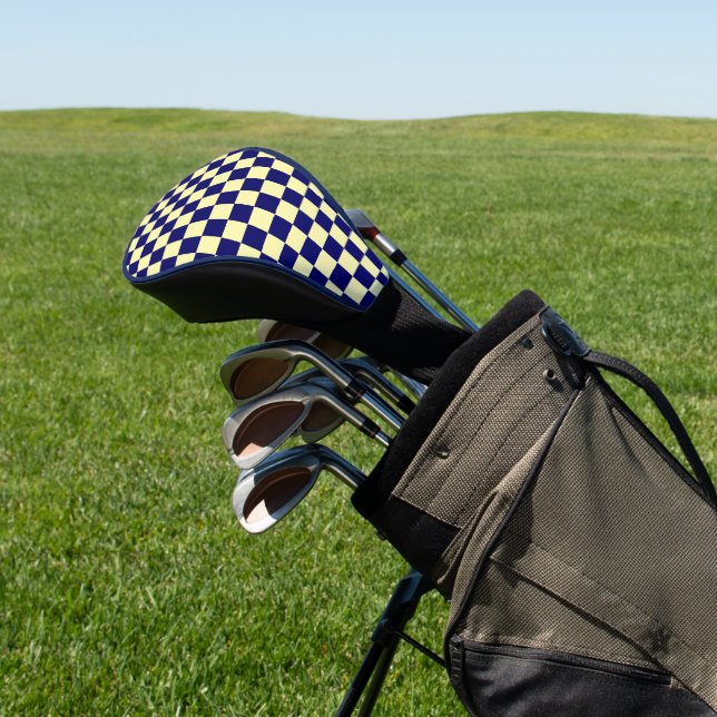 Navy Blue and Yellow Chequerboard Pattern Golf Head Cover (In Situ)