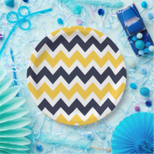 Navy Blue and Yellow Chevron Paper Plate
