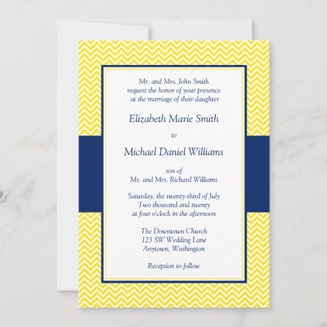 Navy Blue and Yellow Chevron Wedding Invitations (Front)