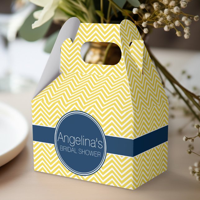 Navy Blue and Yellow Chevrons Bridal Shower Favour Box (Personalized favor box - monogram wedding shower)