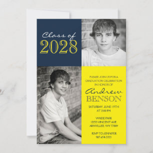 Navy Blue and Yellow Classic 2 Photo Graduation Invitation