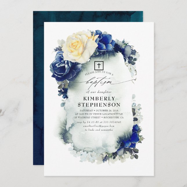 Navy Blue and Yellow Floral Elegant Baptism Invitation (Front/Back)
