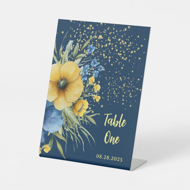 Navy Blue and Yellow Floral Gold Table Numbers Pedestal Sign (Front)