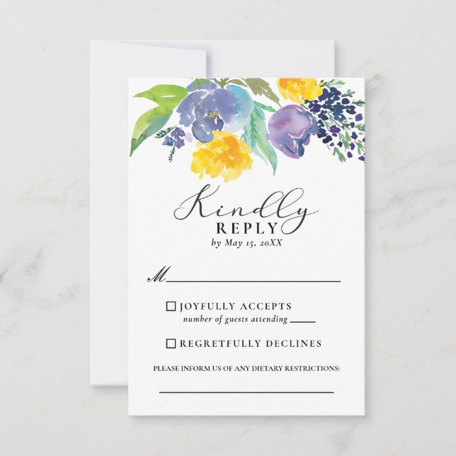 Navy Blue and Yellow Floral Vertical Wedding RSVP Card (Front)