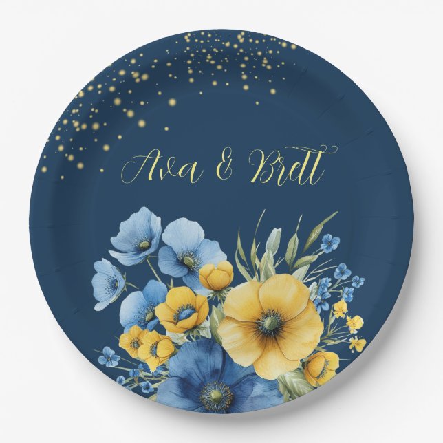 Navy Blue and Yellow Florals Gold Glitter Wedding Paper Plate (Front)