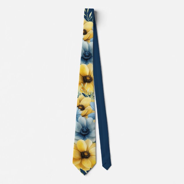 Navy Blue and Yellow Florals Gold Glitter Wedding Tie (Front)