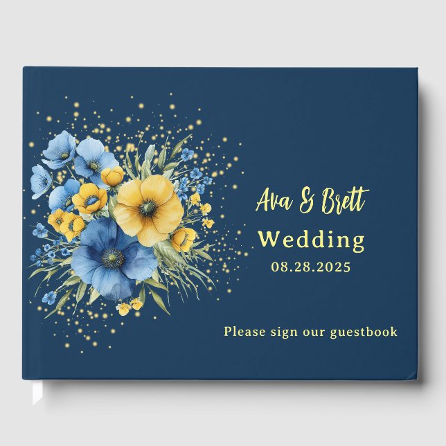 Navy Blue and Yellow Florals Gold Wedding Guest Book (Front)