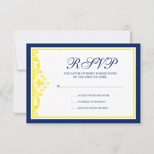 Navy Blue and Yellow Flourish RSVP Card (Front)