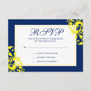 Navy Blue and Yellow Flourish Swirls Response Card