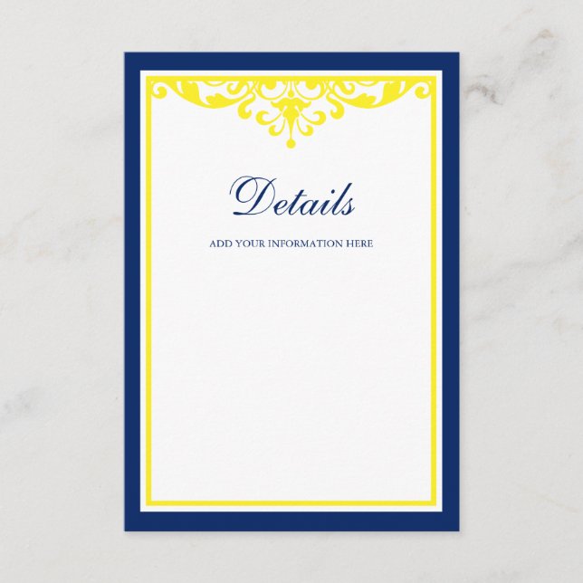 Navy Blue and Yellow Flourish Wedding Details Enclosure Card (Front)