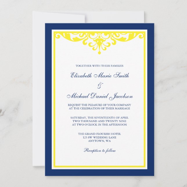 Navy Blue and Yellow Flourish Wedding Invitation (Front)