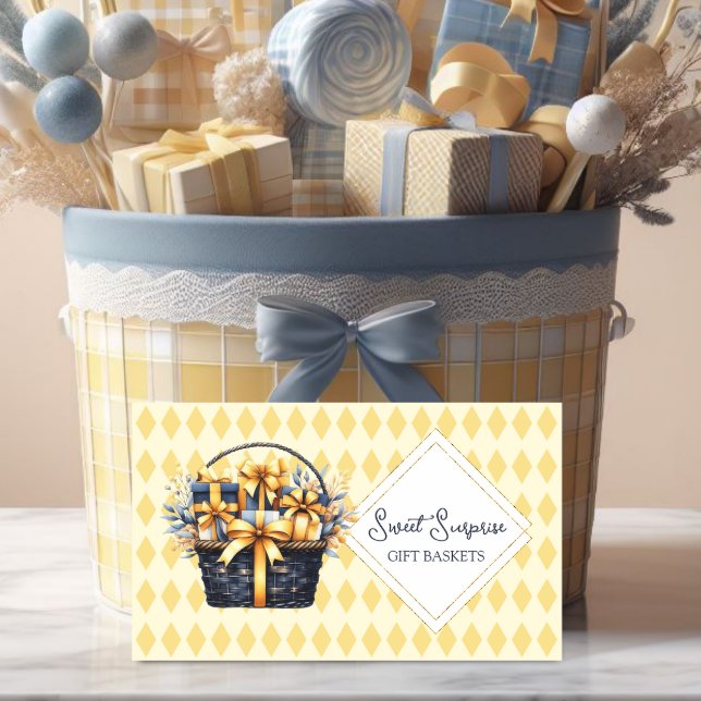 Navy Blue and Yellow Gift Basket Business Card (Promote your gift basket business with this navy blue and yellow gift basket business card.)