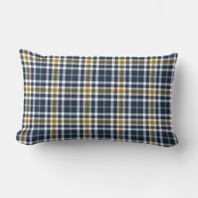 Navy Blue and Yellow Gold Sporty Plaid Lumbar Cushion (Front)