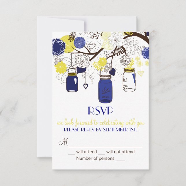 Navy Blue and Yellow Mason Jars RSVP Invitation (Front)
