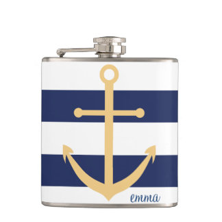 Navy Blue and Yellow Monogram Anchor Flask