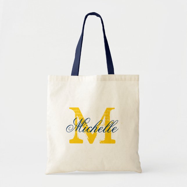 Navy blue and yellow monogram wedding tote bag (Front)