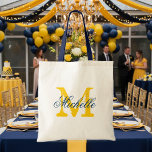 Navy blue and yellow monogram wedding tote bag<br><div class="desc">Navy blue and yellow wedding tote bag with personalized monogram. Vintage chic style design. Customize for bridesmaids,  flower girls,  maid of honor,  mother of the bride,  guests etc. Elegant script text for name. Gold yellow name initial.</div>