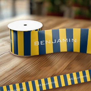 Navy Blue and Yellow Rugby Stripes Custom Name Satin Ribbon