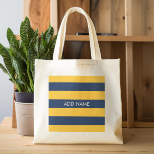 Navy Blue and Yellow Rugby Stripes Custom Name Tote Bag