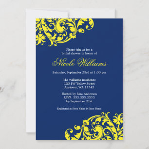 Navy Blue and Yellow Swirl Flourish Bridal Shower Invitation