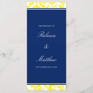 Navy Blue and Yellow Swirls Damask Wedding Program Programme