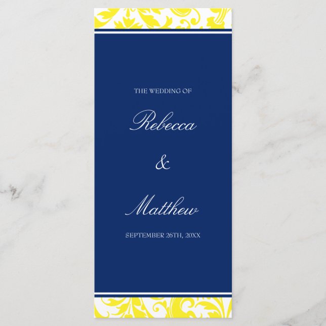 Navy Blue and Yellow Swirls Damask Wedding Program Programme (Front)
