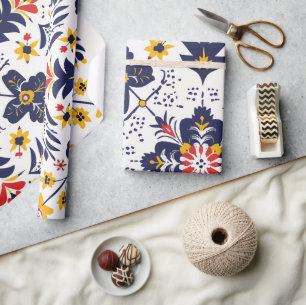 Navy Blue and Yellow Traditional Folk Medallion  Wrapping Paper