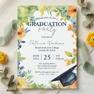 Navy Blue And Yellow Watercolor Floral Graduation Invitation