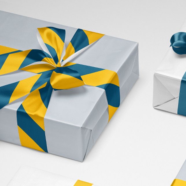 Navy Blue and Yellow Wide Stripe Satin Ribbon (blue and yellow wide angle stripes patterned ribbon for gift wrapping and crafts)