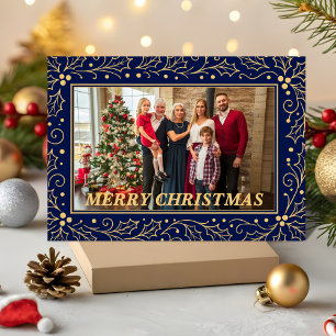 Navy Blue & Antique-Gold Family Christmas Photo Holiday Card