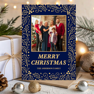 Navy Blue & Antique-Gold Family Photo Christmas Holiday Card