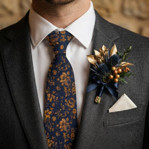 Navy Blue & Antique Gold Floral Wedding Tie