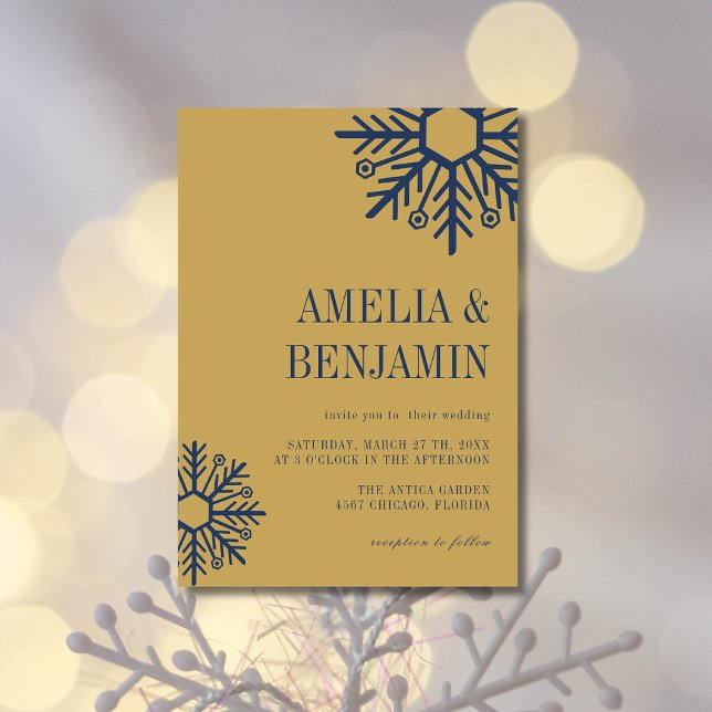 Navy Blue & Antique Gold Simple Snowflake Wedding Invitation (Creator Uploaded)