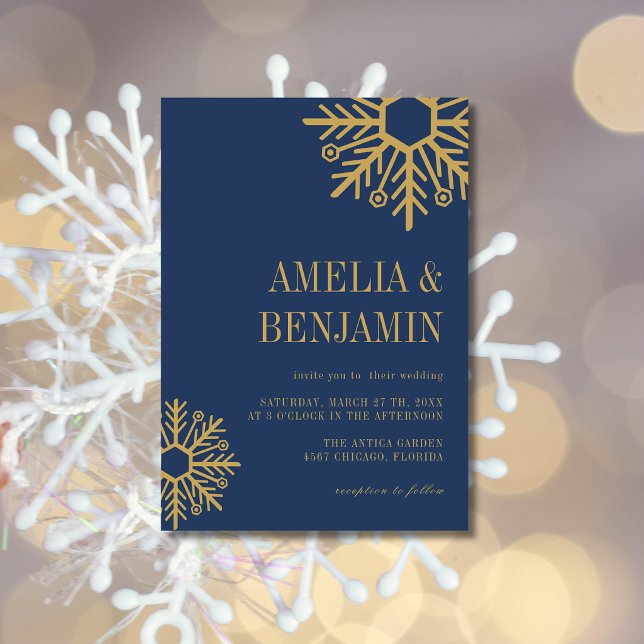 Navy Blue & Antique Gold Simple Snowflake Wedding Invitation (Creator Uploaded)