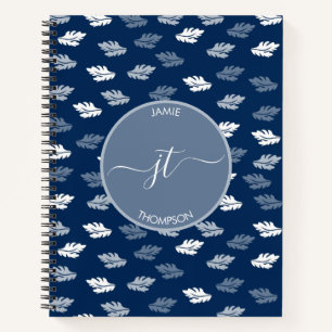 Navy Blue Antique Leaves Pattern Monogram Notebook