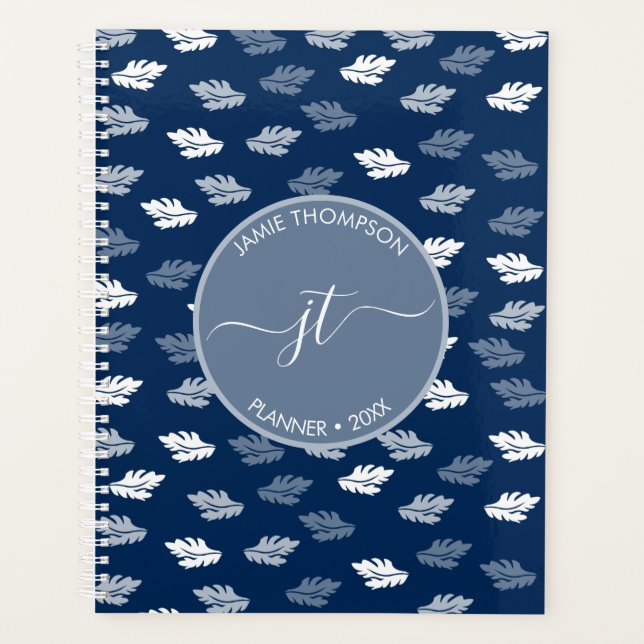 Navy Blue Antique Leaves Pattern Monogram Planner (Front)
